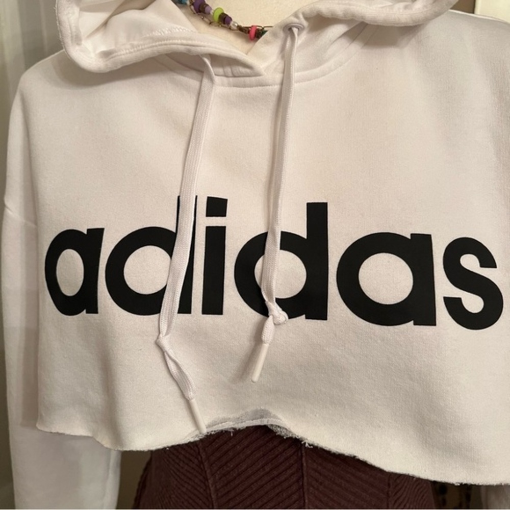adidas White Cropped Hoodie with Black Logo and Stripe - Picture 3 of 12